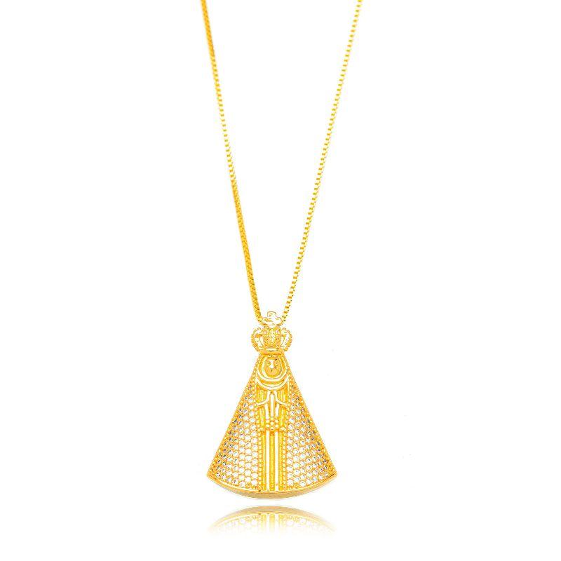 COLAR NOSSA SENHORA APARECIDA CRAVEJADO BANHO DE OURO 18K