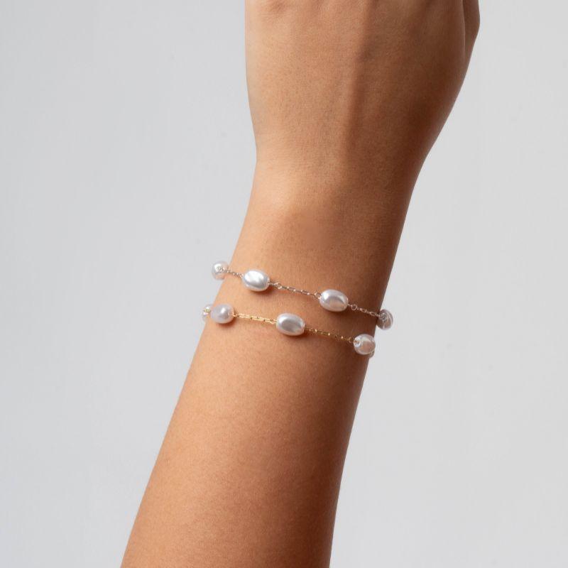 PULSEIRA DE ELOS COM PÉROLAS IRREGULARES EM  BANHO DE OURO 18K